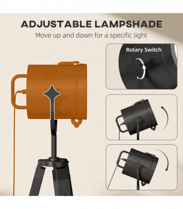 HOMCOM Industrial Tripod Floor Lamp Wood Height Adjustable Spotlight, Black