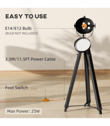 HOMCOM Industrial Tripod Floor Lamp Wood Height Adjustable Spotlight, Black