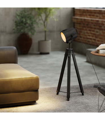 HOMCOM Industrial Tripod Floor Lamp Wood Height Adjustable Spotlight, Black