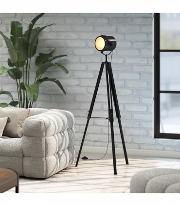 HOMCOM Industrial Tripod Floor Lamp Wood Height Adjustable Spotlight, Black