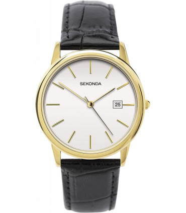 Sekonda Men's white dial with gold battons, dated, black leather strap watch 1718