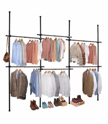 Triple Telescopic Black Wardrobe Organiser Hanging Rail Clothes Rack Adjustable Storage Shelving