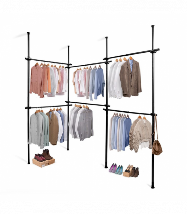 Triple Telescopic Black Wardrobe Organiser Hanging Rail Clothes Rack Adjustable Storage Shelving