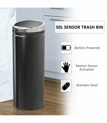 Sensor Trash Can 50L Stainless Steel Black 30.5cm x 30.5cm x 81.5cm