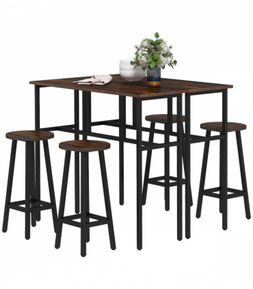 HOMCOM 6-Piece Industrial Bar Table Set, 2 Kitchen Tables with 4 Stools, Brown