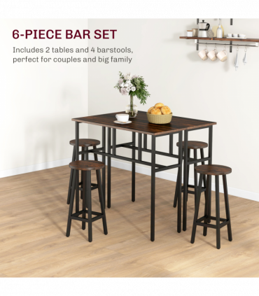 HOMCOM 6-Piece Industrial Bar Table Set, 2 Kitchen Tables with 4 Stools, Brown