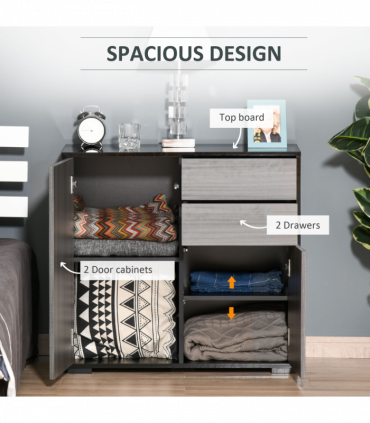 Side Cabinet  2 Door Cabinet and 2 Drawer for Home Office Grey Black