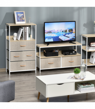 Fabric White 58cmx29cmx103cm Chest of Drawers with 4 Fabric Bins - Home Storage