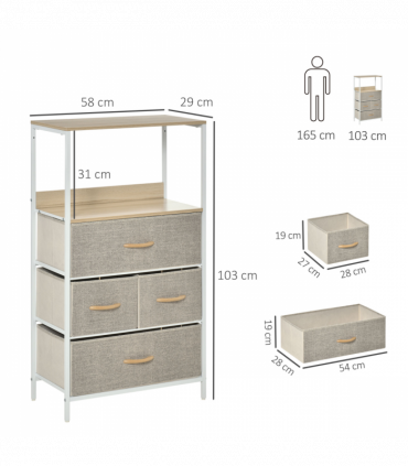 Fabric White 58cmx29cmx103cm Chest of Drawers with 4 Fabric Bins - Home Storage