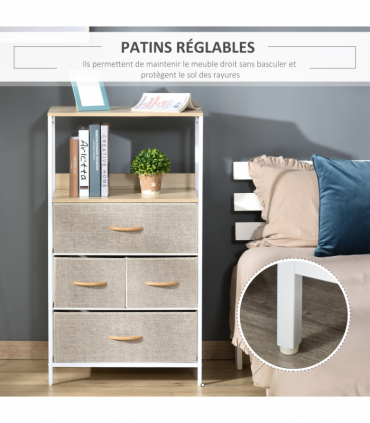 Fabric White 58cmx29cmx103cm Chest of Drawers with 4 Fabric Bins - Home Storage