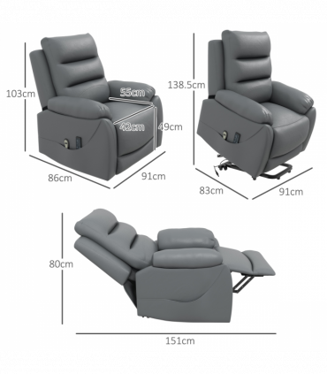 Power Lift Recliner Chair Grey Faux Leather 91L x 86W x 103H cm Comfortable