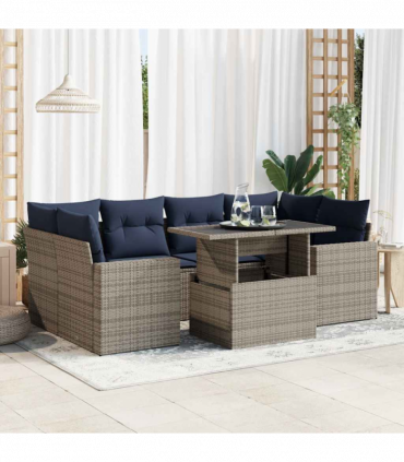vidaXL 7 Piece Garden Sofa Set with Cushions Grey Poly Rattan Acacia