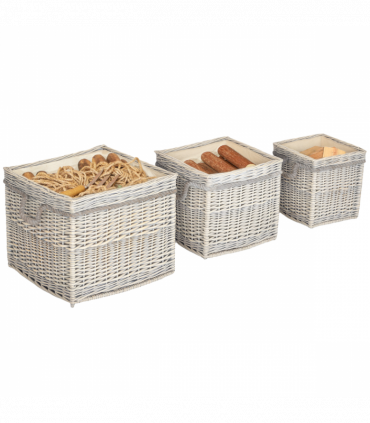 Outsunny Set of 3 Wicker Log Basket with Liner and Rope Handles, Beige