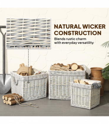 Outsunny Set of 3 Wicker Log Basket with Liner and Rope Handles, Beige