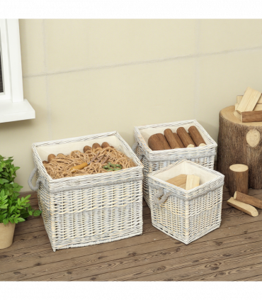 Outsunny Set of 3 Wicker Log Basket with Liner and Rope Handles, Beige