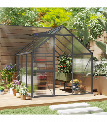 Outsunny Polycarbonate Walk-in Garden Greenhouse w/ Sliding Door Dark Grey