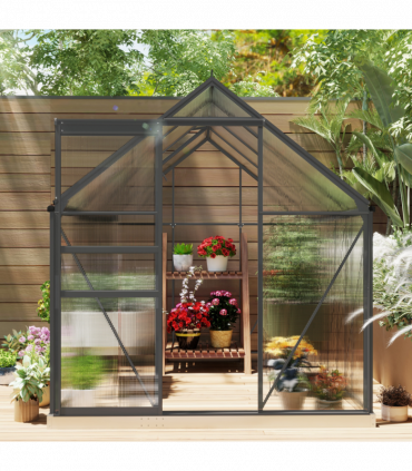 Outsunny Polycarbonate Walk-in Garden Greenhouse w/ Sliding Door Dark Grey