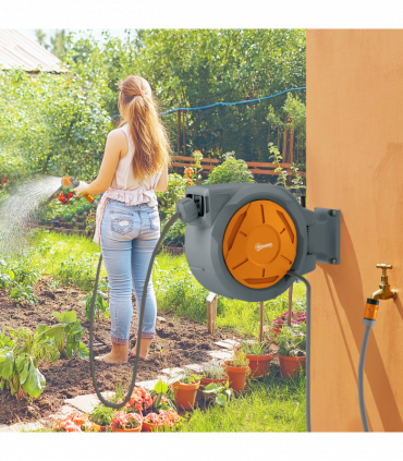 Outsunny Retractable Hose Reel Wall Mounted with Lock, Orange