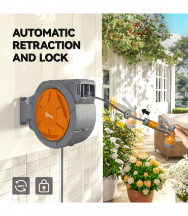Outsunny Retractable Hose Reel Wall Mounted with Lock, Orange