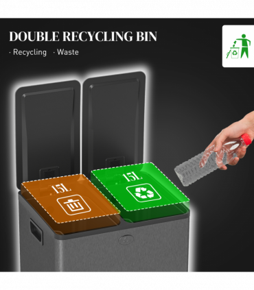 HOMCOM 2 x 15L Dual Kitchen Bin Pedal Bin for Recycling and Waste, Black