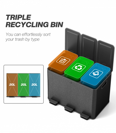 HOMCOM 3 x 20L Triple Kitchen Bin Pedal Bin for Recycling and Waste, Black