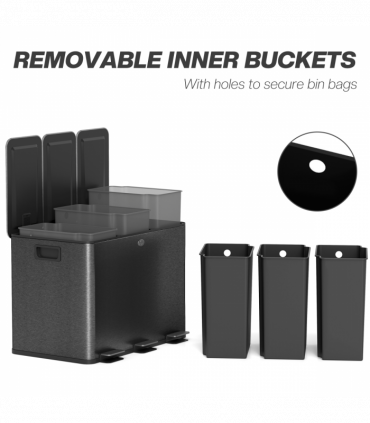 HOMCOM 3 x 20L Triple Kitchen Bin Pedal Bin for Recycling and Waste, Black