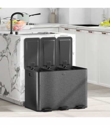 HOMCOM 3 x 20L Triple Kitchen Bin Pedal Bin for Recycling and Waste, Black