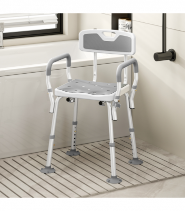 HOMCOM Padded Shower Stool with Arms and Back, 4 Suction Foot Pads, Grey