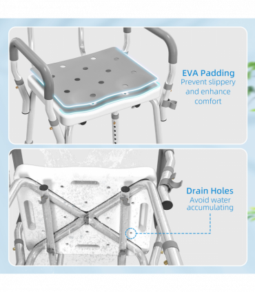 HOMCOM Padded Shower Stool with Arms and Back, 4 Suction Foot Pads, Grey