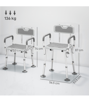 HOMCOM Padded Shower Stool with Arms and Back, 4 Suction Foot Pads, Grey