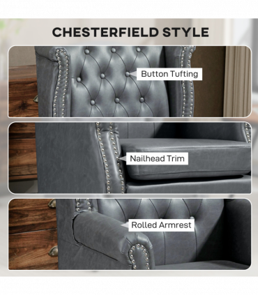 HOMCOM Chesterfield-style Wing Back Armchair Tufted Accent Chair Grey