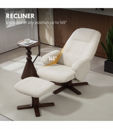 HOMCOM Swivel Recliner Chair with Footstool and Wooden Base, Beige