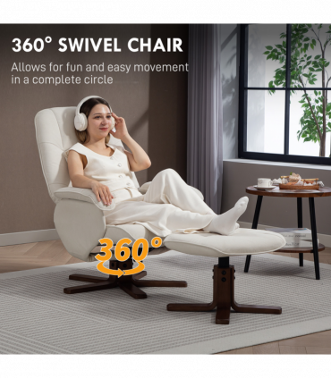 HOMCOM Swivel Recliner Chair with Footstool and Wooden Base, Beige