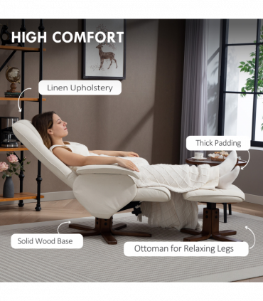 HOMCOM Swivel Recliner Chair with Footstool and Wooden Base, Beige