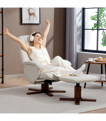 HOMCOM Swivel Recliner Chair with Footstool and Wooden Base, Beige