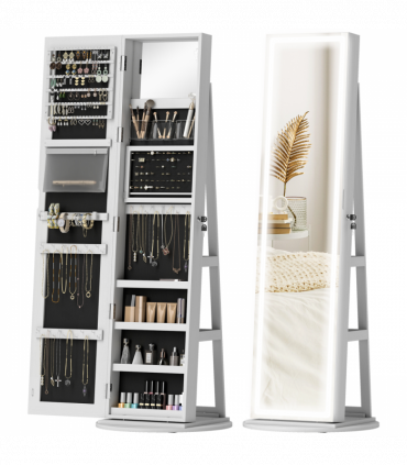 HOMCOM 360° Swivel Jewellery Cabinet, Full Length Mirror with Storage, White