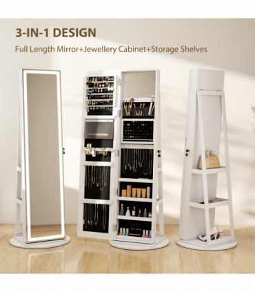 HOMCOM 360° Swivel Jewellery Cabinet, Full Length Mirror with Storage, White