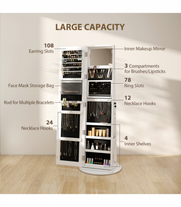 HOMCOM 360° Swivel Jewellery Cabinet, Full Length Mirror with Storage, White