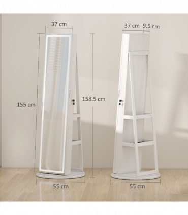 HOMCOM 360° Swivel Jewellery Cabinet, Full Length Mirror with Storage, White