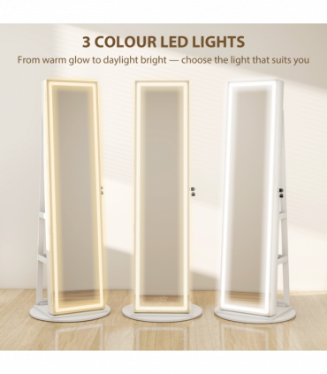 HOMCOM 360° Swivel Jewellery Cabinet, Full Length Mirror with Storage, White