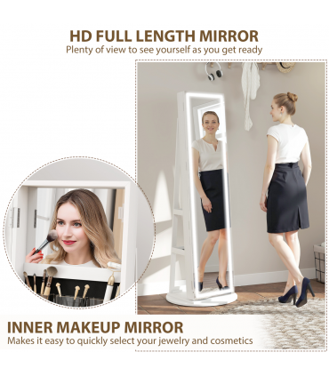 HOMCOM 360° Swivel Jewellery Cabinet, Full Length Mirror with Storage, White