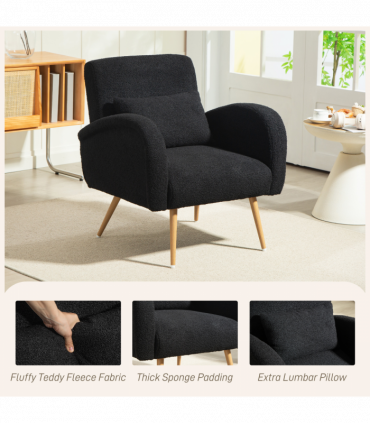 HOMCOM Teddy Fleece Upholstered Accent Chair with Metal Legs, Black