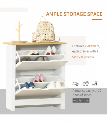 Shoe Cabinet Spacious 2 Drawers Particle Board White 80H x 72L x 26Dcm