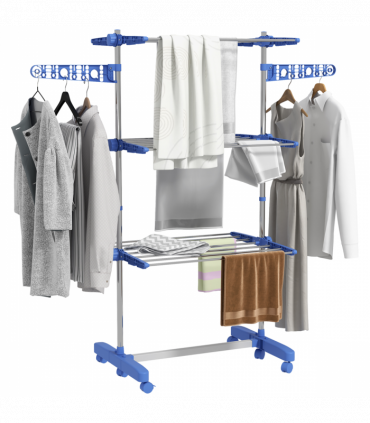 HOMCOM 3-Tier Large Clothes Airer Stainless Steel Clothes Drying Rack Blue