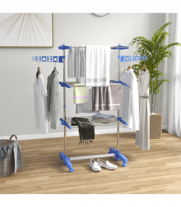HOMCOM 3-Tier Large Clothes Airer Stainless Steel Clothes Drying Rack Blue