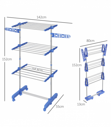 HOMCOM 3-Tier Large Clothes Airer Stainless Steel Clothes Drying Rack Blue