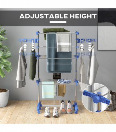 HOMCOM 3-Tier Large Clothes Airer Stainless Steel Clothes Drying Rack Blue