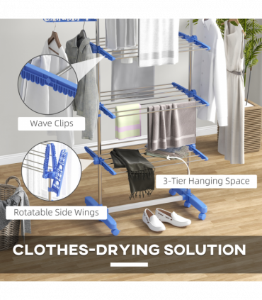 HOMCOM 3-Tier Large Clothes Airer Stainless Steel Clothes Drying Rack Blue