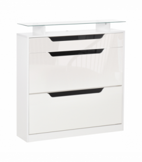 Shoe Cabinet  3 Drawers High Gloss Storage Cupboard  Glass Top White
