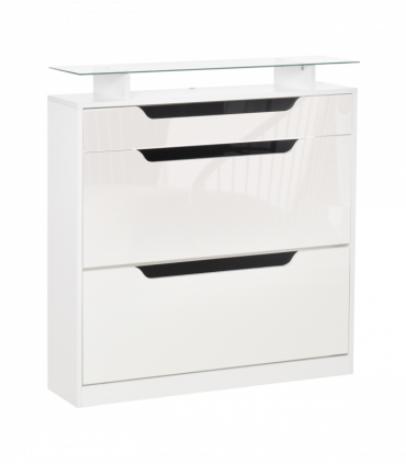 Shoe Cabinet  3 Drawers High Gloss Storage Cupboard  Glass Top White
